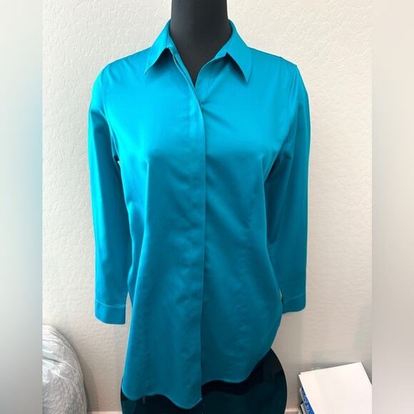 CHICO’S | Bright Teal No-Iron Button Front Long Sleeve Shirt | Size 0 Small - Picture 2 of 7